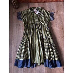 Pero NWT Silk Handmade Striped Midi Dress Green Navy Blue Size 40
